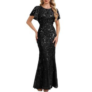 Ever Pretty Black Sequin Short Sleeve Mermaid Gown Formal Dress Sz 12 NWT!